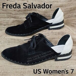 Freda Salvador Wit Black Suede White Pebbled Leather D'Orsay Flats Womens 7